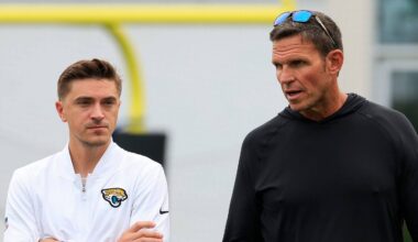 Jacksonville Jaguars general manager James Gladstone, left, and Executive Vice President of football operations Tony Boselli talk during the first day of NFL Training Camp at the Miller Electric Center on Wednesday, July 29, 2026, in Jacksonville, Fla.