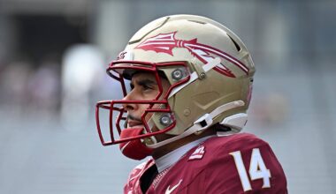 Oct 3, 2026; Tallahassee, Florida, USA;  Florida State Seminoles quarterback Ashton Daniels (14) warms up before the game against the Virginia Cavaliers at Doak S. Campbell Stadium.  Mandatory Credit: Melina Myers-Imagn Images