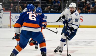 Dec 13, 2025; Elmont, New York, USA; Tampa Bay Lightning right wing Nikita Kucherov (86) skated into the zone defended by New York Islanders defenseman Ryan Pulock (6) during during the third period at UBS Arena. Mandatory Credit: Dennis Schneidler-Imagn Images