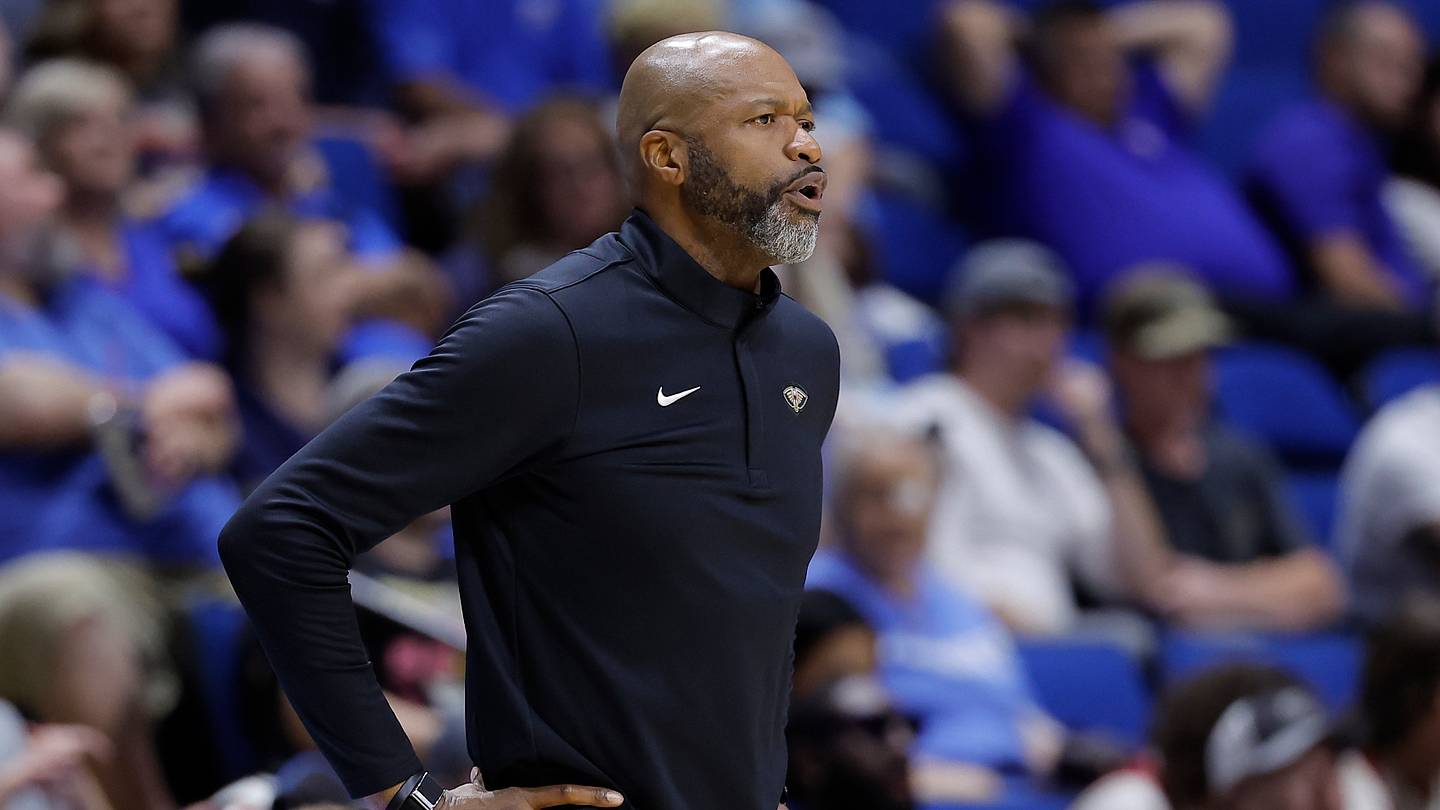 Oct 6, 2026; Tulsa, Oklahoma, USA; New Orleans Pelicans Head Coach Jamahl Mosley watches his team play against the Oklahoma City Thunder during the second half at BOK Center. Mandatory Credit: Alonzo Adams-Imagn Images