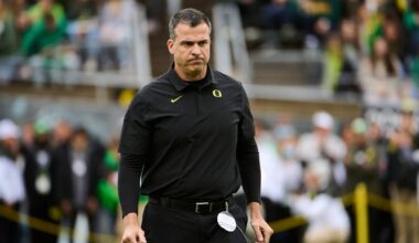 Nov 27, 2021; Eugene, Oregon, USA; Oregon Ducks head coach Mario Cristobal walks the field before a game against the Oregon State Beavers at Autzen Stadium. Mandatory Credit: Troy Wayrynen-USA TODAY Sports