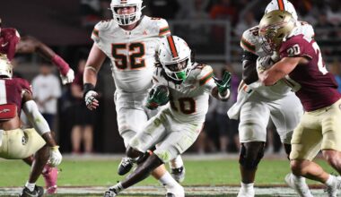 Oct 4, 2025; Tallahassee, Florida, USA; Miami Hurricanes wide receiver Malachi Toney (10) runs against Florida State Seminoles linebacker Blake Nichelson (20) during the second half at Doak S. Campbell Stadium. Mandatory Credit: Robert Myers-Imagn Images
