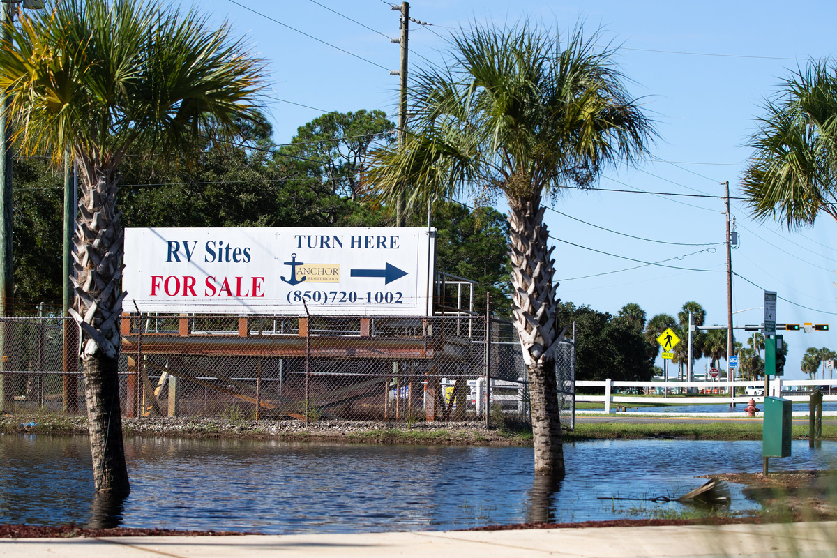 Flooding at the entrance of the Carrabelle Beach RV Resort on Saturday, Oct. 10, 2026, after Hurricane Isaias made landfall on the Gulf Coast.