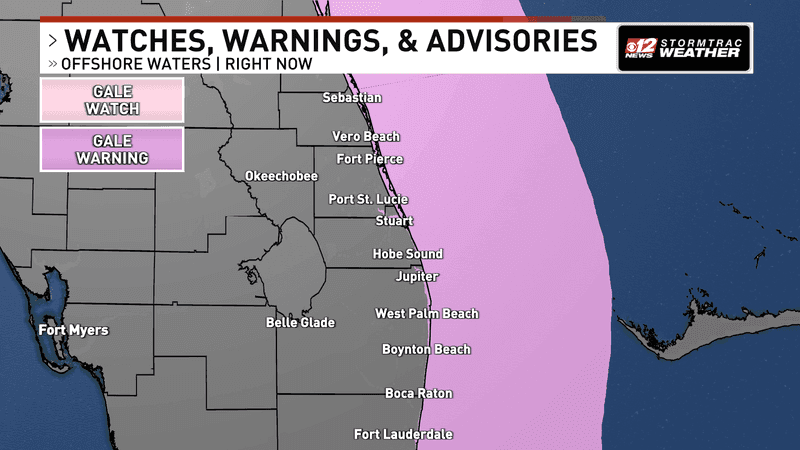 Gale conditions are expected over portions of the offshore waters, with a Gale Warning in some areas and a Gale Watch in others. (WPEC)