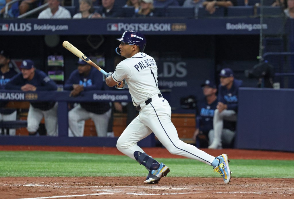 Tampa Bay Rays second baseman Richie Palacios bats during Game 2 of the ALDS.