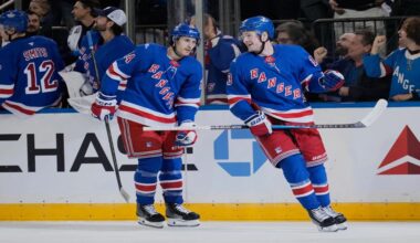 New York Rangers' Alexis Lafrenière, right, celebrates his second goal of the night during the first period of an NHL hockey game against the Tampa Bay Lightning in New York, Tuesday, Oct. 13, 2026. (AP Photo/Seth Wenig)
