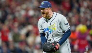 Tampa Bay Rays pitcher Drew Rasmussen celebrates the end of the seventh inning against the Cleveland Guardians in Game 5 of an American League Championship Series baseball game in Cleveland, Sunday, Oct. 18, 2026. (AP Photo/David J. Phillip)