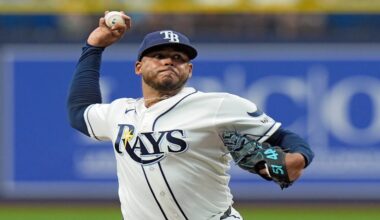 Tampa Bay Rays pitcher Freddy Peralta delivers to the Houston Astros during the first inning of a baseball game Sunday, Sept. 13, 2026, in St. Petersburg, Fla. (AP Photo/Chris O'Meara)