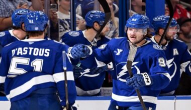 Tampa Bay Lightning center Conor Geekie (94) celebrates after his first period goal during an NHL hockey game against the Washington Capitals, Saturday, Oct. 3, 2026, in Tampa, Fla. (AP Photo/Jason Behnken)
