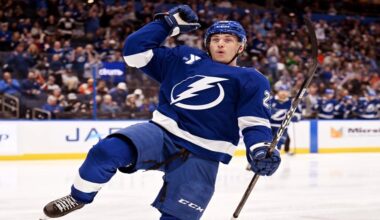 Tampa Bay Lightning right wing Pontus Holmberg celebrates after his goal during the second period of an NHL hockey game against the Philadelphia Flyers, Monday, Oct. 5, 2026, in Tampa, Fla. (AP Photo/Jason Behnken)