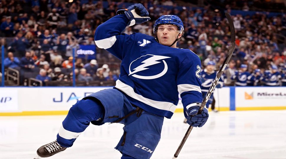 Tampa Bay Lightning right wing Pontus Holmberg celebrates after his goal during the second period of an NHL hockey game against the Philadelphia Flyers, Monday, Oct. 5, 2026, in Tampa, Fla. (AP Photo/Jason Behnken)
