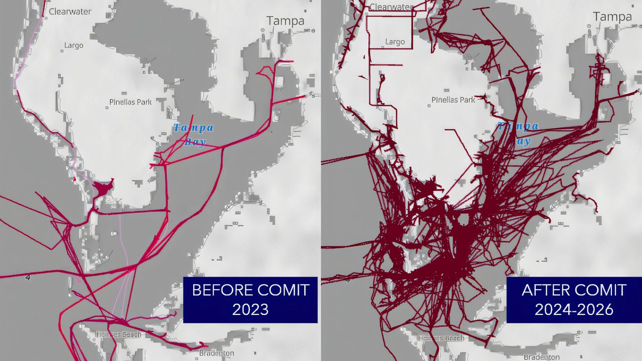 The left map shows how much of the seafloor was mapped before the COMIT program began. The right shows how much has been mapped in the past two years under the program. (USF College of Marine Science / Florida Flood Hub)