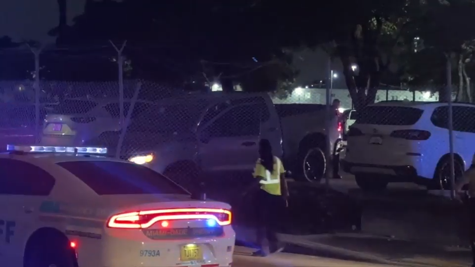 Driver of stolen pickup truck arrested after striking MDSO cruiser, crashing into fence near MIA - WSVN 7News | Miami News, Weather, Sports