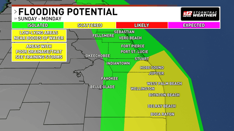 Repeated downpours Sunday could cause scattered flooding, especially near waterways, in low-lying areas and where showers repeatedly pass over the same locations. (WPEC)