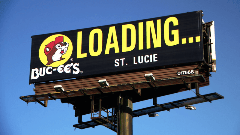 A "Buc-ee's Loading..." billboard along Interstate 95 near the proposed development site advertises the future travel center planned for northern St. Lucie County. (WPEC)