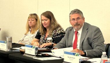Flagler County District 1 Commissioner Andy Dance, right, was newly installed as the Northeast Florida Regional Council’s President during the organization’s board of directors meeting on Thursday, Oct. 1 at the Nexus Center in Bunnell. Far left is NEFRC Secretary/Treasurer and Clay County Commissioner Betsy Condon, and at center is Beth Payne, NEFRC’s Chief Executive Officer. FlaglerLive photo