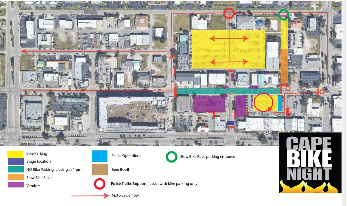 A map showing street names and parking lots for motorcycles and cars at the October 2026 Cape Coral Bike Night