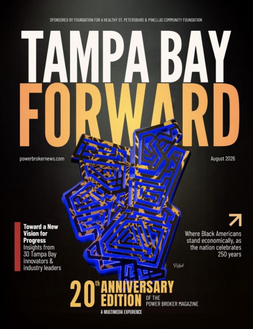 The cover of the Tampa Bay Forward book. It's a black background with tampa bay in large white text and forward in large gold text. It features an abstract blue geometric design.
