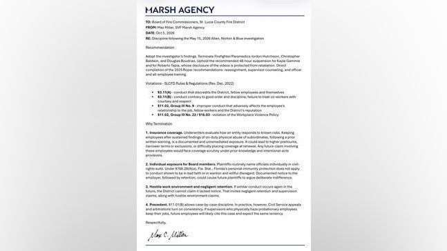 An Oct. 5 letter from Max Miller, senior vice president of Marsh Agency, recommends maintaining the terminations. It warns that retaining the firefighters could expose the district to higher insurance premiums, coverage restrictions and future liability.