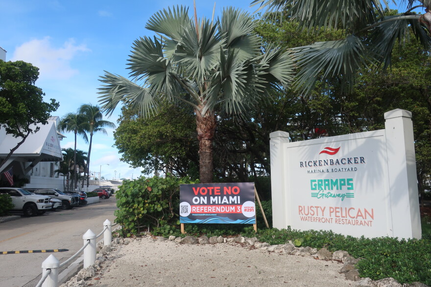 The signage in front of the Rickenbacker Marina encourages voters to vote No on Referendum 3.