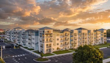 Lantower Bayside apartment complex in Largo, Florida, featuring four-story buildings and balconies.