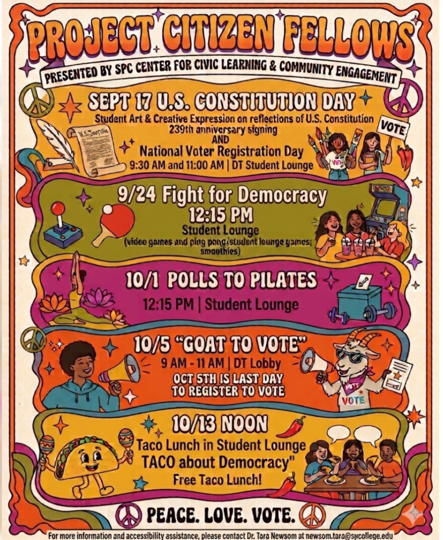Poster with graphics and multiple events listed.