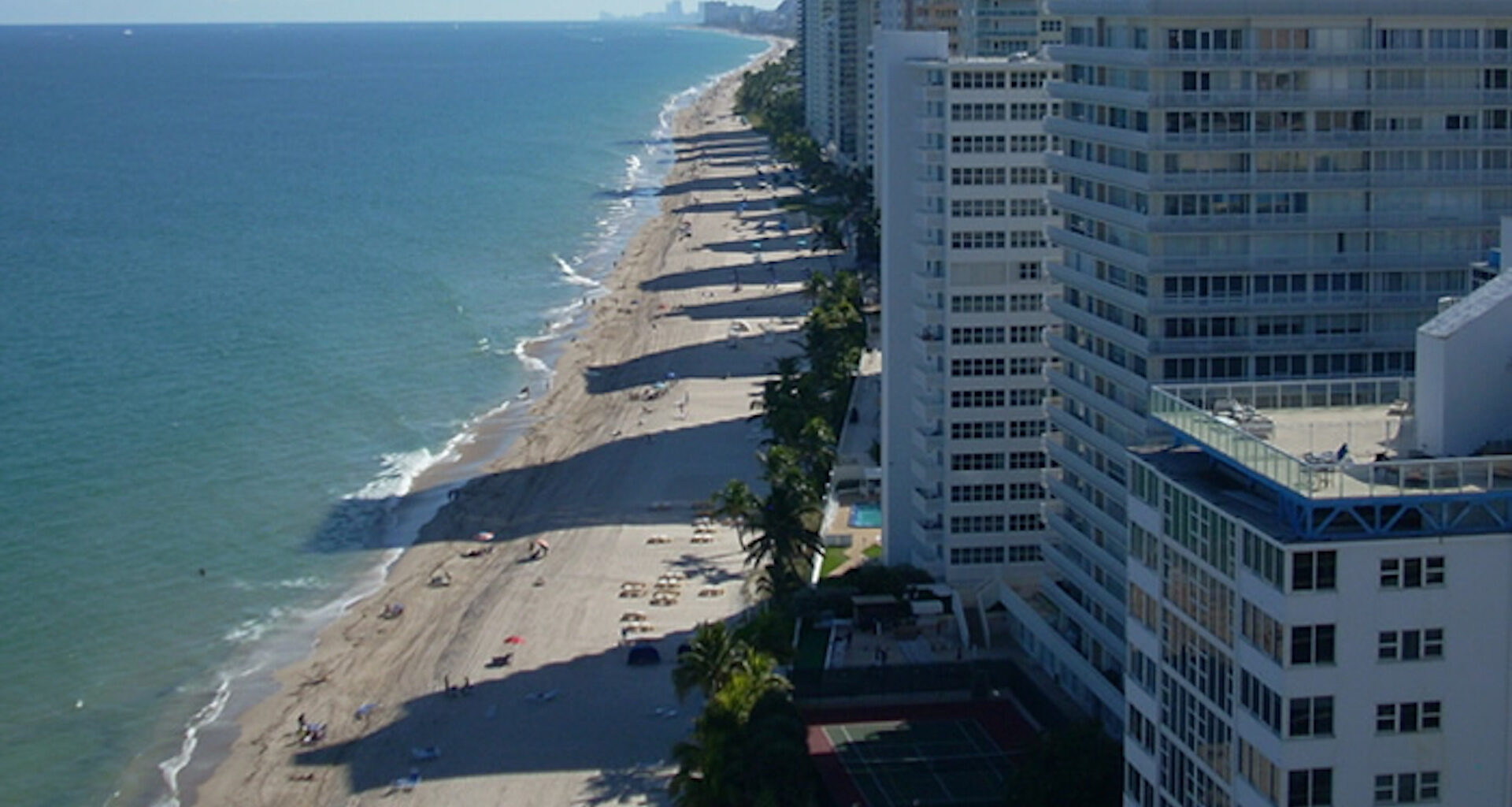 A view of a beach lined with buildings, featuring palm trees and sunbathers along the shoreline.