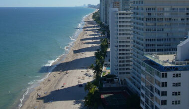 A view of a beach lined with buildings, featuring palm trees and sunbathers along the shoreline.