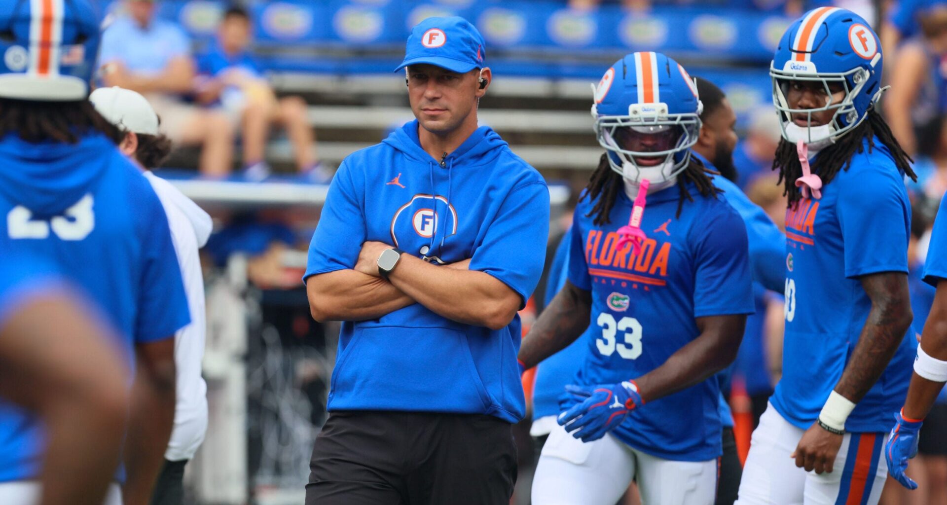Florida head coach Jon Sumrall watches warm up before taking on South Carolina before an NCAA football at Steve Spurrier Field at Ben Hill Griffin Stadium in Gainesville, FL on Saturday, October 10, 2026.
