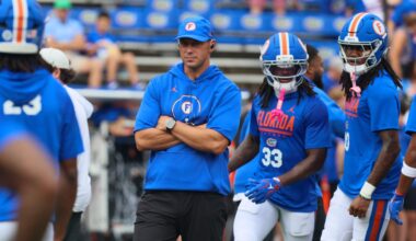 Florida head coach Jon Sumrall watches warm up before taking on South Carolina before an NCAA football at Steve Spurrier Field at Ben Hill Griffin Stadium in Gainesville, FL on Saturday, October 10, 2026.