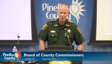Pinellas County Sheriff Bob Gualtieri responds to questions about ALPR sponsorships at the Oct. 8, 2026, Pinellas County Commission meeting. Credit: Pinellas County Government / Pinellas County Government