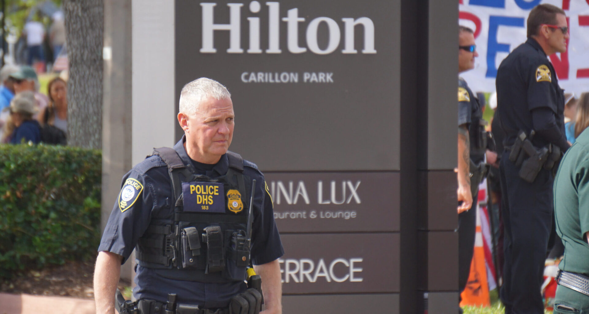 A DHS police officer outside of the Hilton in Pinellas County