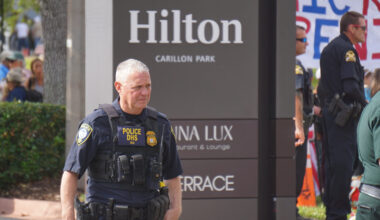 A DHS police officer outside of the Hilton in Pinellas County