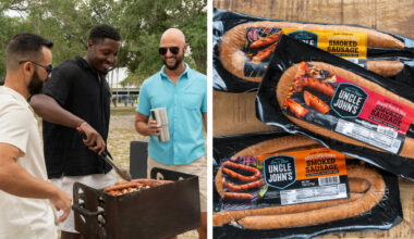 People grilling sausage by Uncle John's Pride