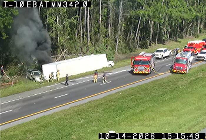 Traffic Alert: Fiery multi-vehicle crash in Baldwin closes all lanes on I-10 west before mile marker 342