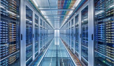Rows of server racks and network cables inside a data center