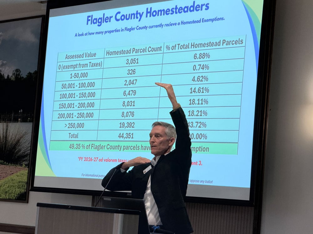 Flagler County Property Appraiser Jay Gardner explaining the principle of homestead exemptions' banked tax savings over time as he spoke at a seminar on Amendment 3 two weeks ago. The seminar was organized by the local Florida Planning and Zoning Association chapter. (© FlaglerLive)