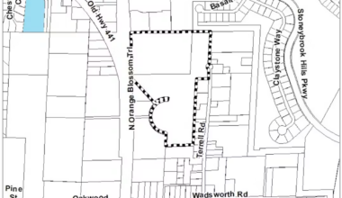 A map outlines the proposed 38.86-acre Stonemont Manor development site between North Orange Blossom Trail and Terrell Road in the Tangerine Rural Settlement. The Orange County Planning and Zoning Commission unanimously recommended denial of the proposed 38-home subdivision Oct. 15.