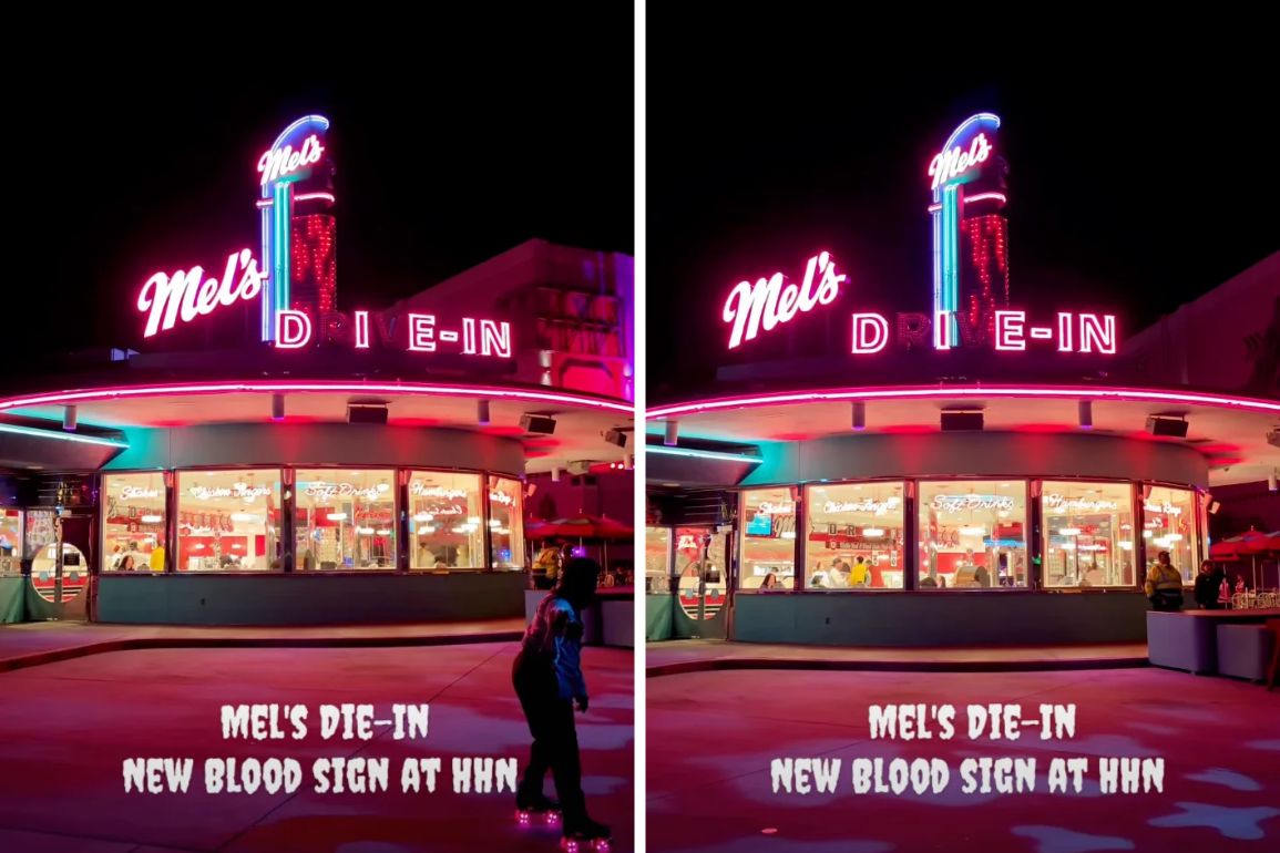 Universal added a blood dripping effect to the facade of Mel