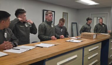A group of young military personnel in olive/sage green flight suits are standing at a large wooden-topped counter with built-in drawers in what appears to be a military supply or equipment issue room. They appear to be processing paperwork, likely during an initial gear or equipment issue process. A box labeled