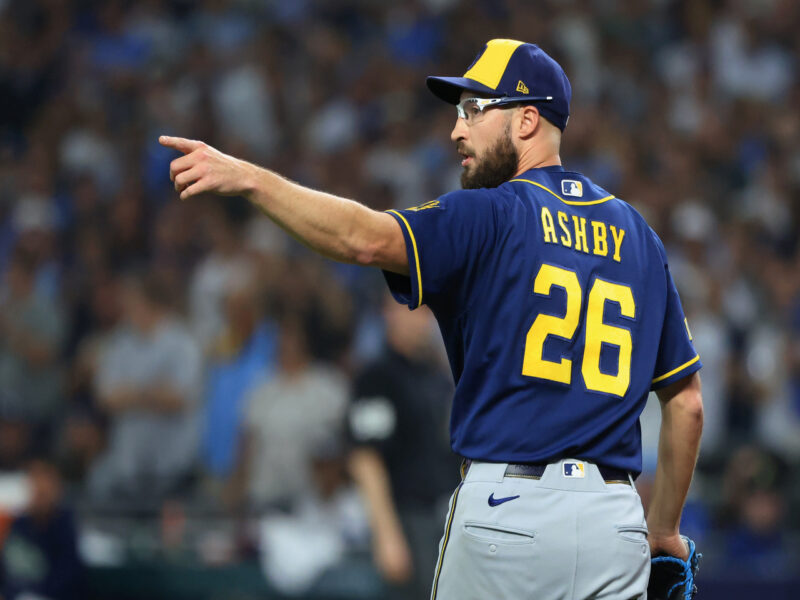 Oct 27, 2026; St. Petersburg, Florida, USA; Milwaukee Brewers pitcher Aaron Ashby (26) reacts during the ninth inning against the Tampa Bay Rays in game four of the 2026 World Series at Tropicana Field. Mandatory Credit: Kim Klement Neitzel-Imagn Images