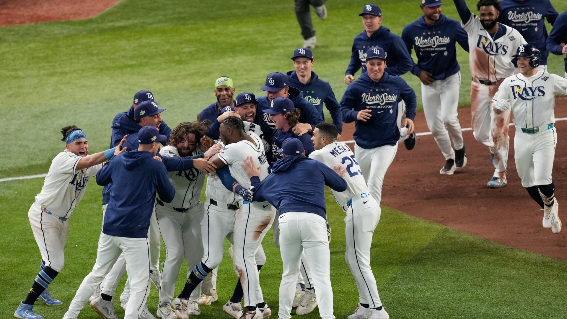 The Tampa Bay Rays celebrate their win after the 12th inning of Game 4 of baseball's World Series, Wednesday, Oct. 28, 2026.