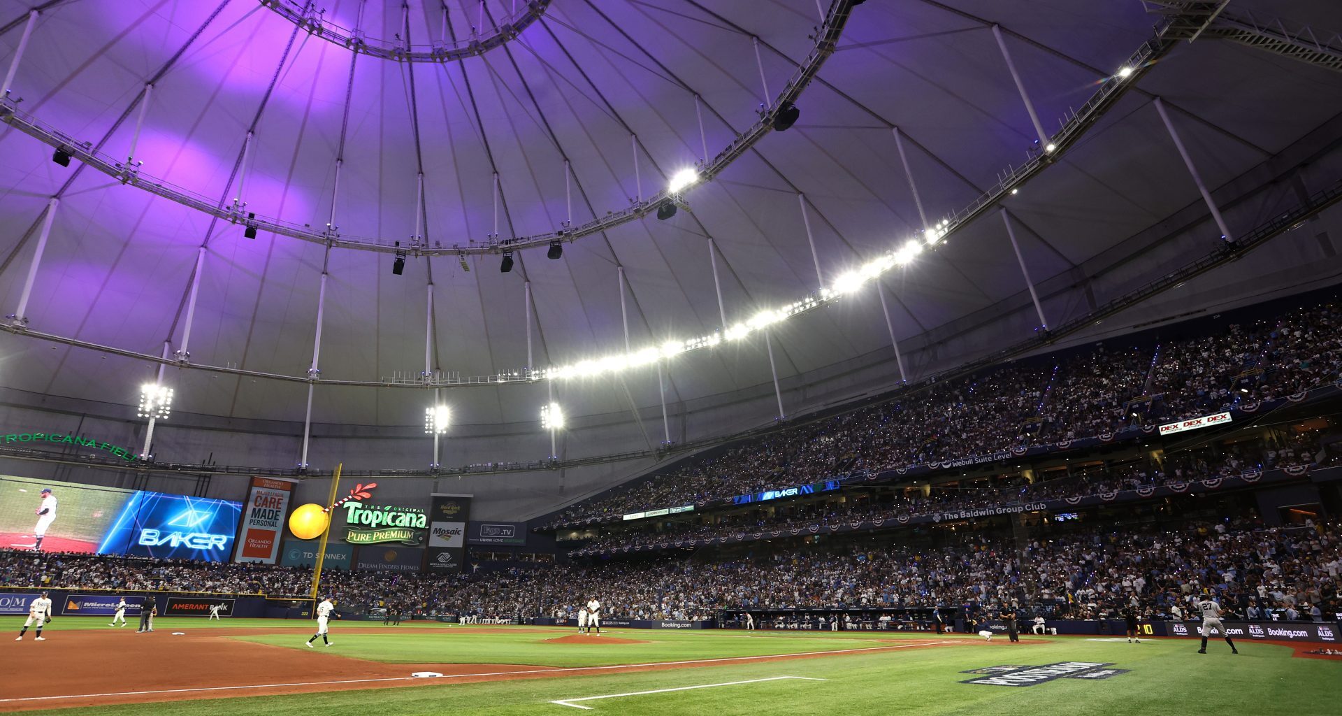 Oct 3, 2026; St. Petersburg, Florida, USA; Tampa Bay Rays pitcher Bryan Baker (47) takes the mound in the ninth inning against the New York Yankees in game one of the ALDS for the 2026 MLB Playoffs at Tropicana Field.