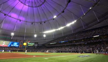Oct 3, 2026; St. Petersburg, Florida, USA; Tampa Bay Rays pitcher Bryan Baker (47) takes the mound in the ninth inning against the New York Yankees in game one of the ALDS for the 2026 MLB Playoffs at Tropicana Field.