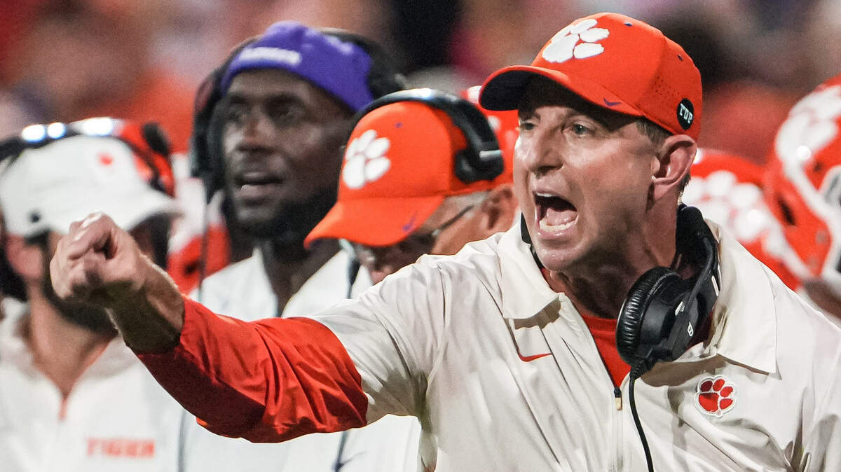 Clemson head coach Dabo Swinney disputes a call in the game with Miami during the third quarter at Memorial Stadium Saturday, October 3, 2026.
