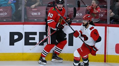 Blackhawks forward Roman Kantserov celebrates his first NHL goal against the Hurricanes at the United Center