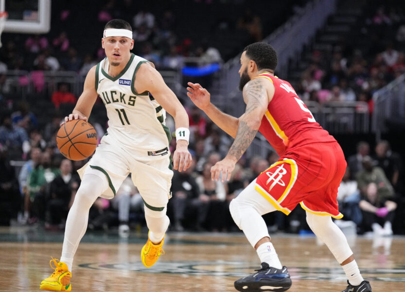 Oct 28, 2026; Milwaukee, Wisconsin, USA; Milwaukee Bucks guard Tyler Herro (11) drives against Houston Rockets guard Fred Vanvleet (5) in the second half at Fiserv Forum. Mandatory Credit: Michael McLoone-Imagn Images