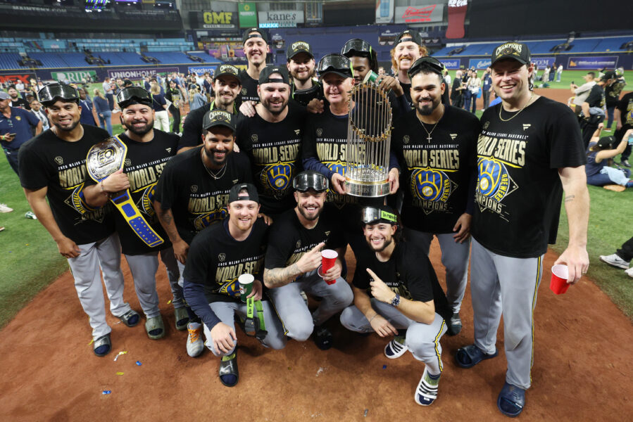 Milwaukee Bucks, Oct 28, 2026; St. Petersburg, Florida, USA;  Milwaukee Brewers players celebrate with the Commissioner's Trophy after defeating the Tampa Bay Rays in game five to win the 2026 World Series at Tropicana Field.  Mandatory Credit: Nathan Ray Seebeck-Imagn Images