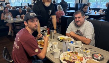 Owner Dell Hoard Jr. checks with hungry customers to make sure everything all right during Grumpy