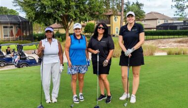 Participants gather on the course during the Borland Groover Foundation&rsquo;s inaugural Fore! To Get Screened golf tournament at King & Bear Golf Course.